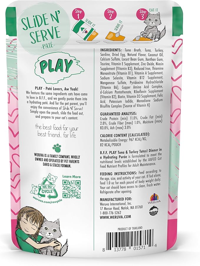 Weruva B.F.F. Play - Best Feline Friend Paté Lovers, Aw Yeah!, Tuna & Turkey Totes! with Tuna & Turkey, 3oz Pouch (Pack of 12)