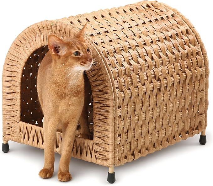 Handwoven Rattan Dome Cat House for Cats Under 20 lb, Indoor Cat Hideaway, 14.2" H × 14.2" W × 16.5" D, Breathable Wicker Cat Bed House, Cozy Rustic Cat Furniture (Tan)
