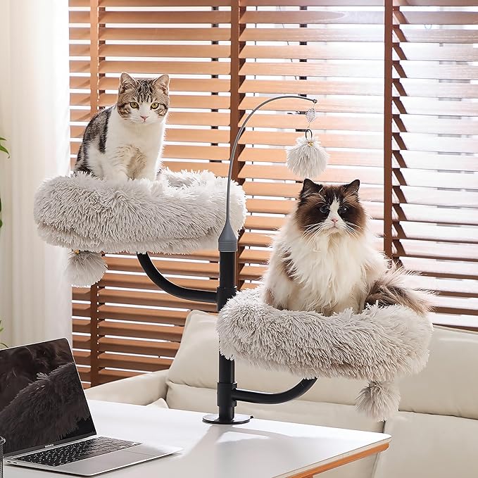 Catry Cat Desk Mount Double Perches for Indoor Cats, Pet Beds for Desk, Level Adjustable 3 Position Rotation, Space Save Desk Beds for Multi-Cat Home, Light Grey
