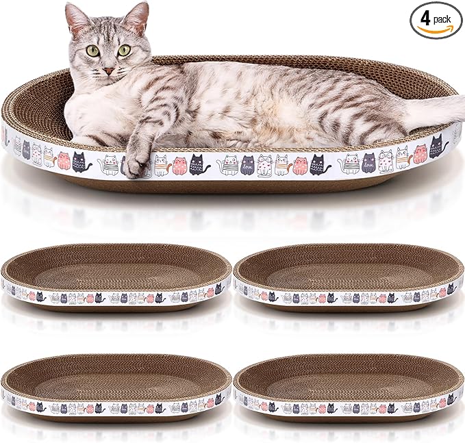 Mixweer 4 Pcs Cat Scratcher Cardboard Oval Cat Scratch Pad Board Bed Bowl 2 in 1 Cat Scratcher Cat Scratching Post Corrugated Lounge Couch Nest for Cats Grinding Claw Furniture Protector Indoor