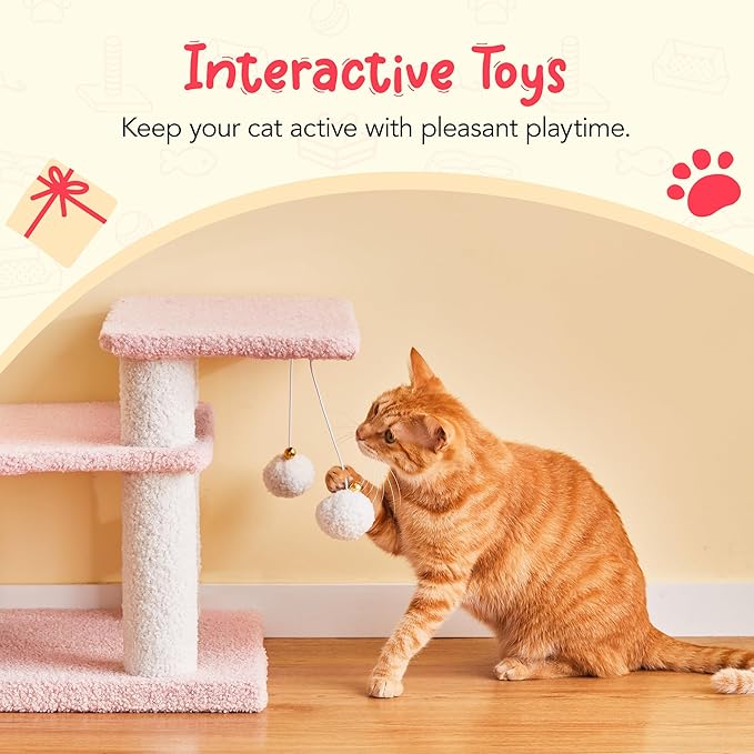 15''H Multi-Step Pet Stairs for High Beds & Sofas, 3-Step Cat Stairs with 2 Toy Balls, Wide Boards for Indoor Kittens Dogs Pets Climbing, Pink 2.0