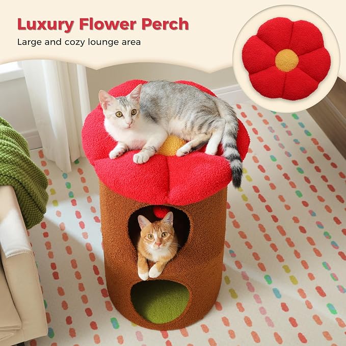 PETEPELA 2-Level Cat Beds for Indoor Cats, Cat Tree House with Removable Flower Bed, Cute Cats Hideaway, Indoor Cat Tree Condo, 20X20X28.7 Inches, Brown
