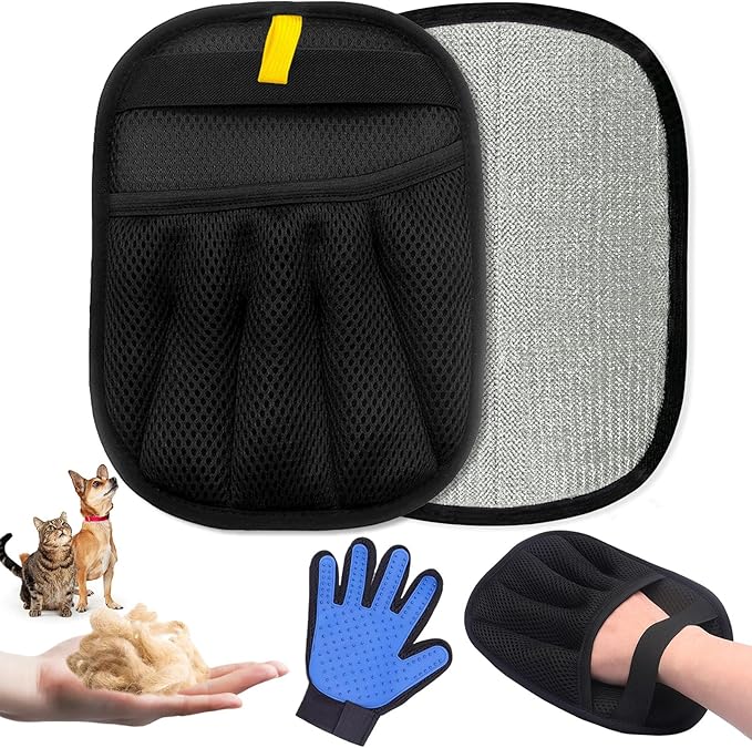 2-Piece Pet Hair Removal & Grooming Kit: Static Hair Remover Glove for Furniture, Carpet, Couch + Gentle Pet Grooming Glove for Cats & Dogs