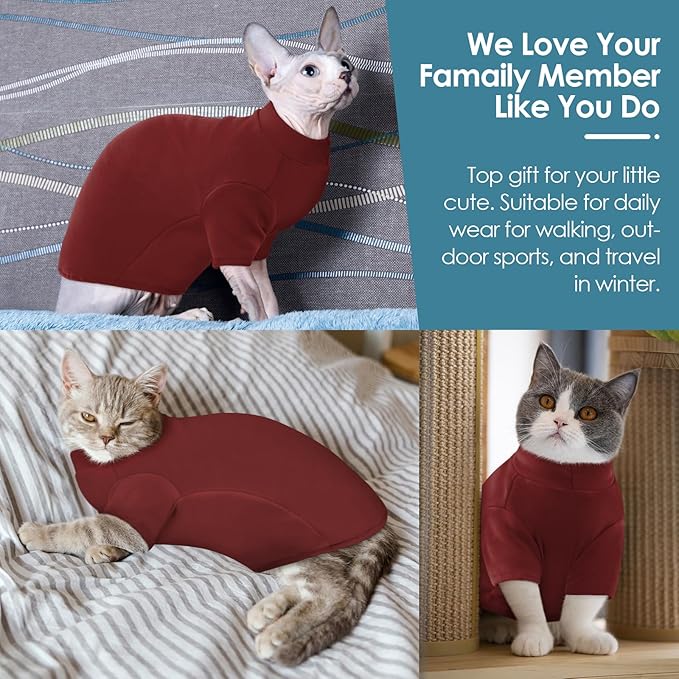 Turtleneck Sweater for Cat, Sphynx Hairless Cats Shirt Sweaters with Sleeves, Warm and Soft Kitten Pullover Fleece Winter Pajamas Jumpsuit for Puppy, Burgundy S