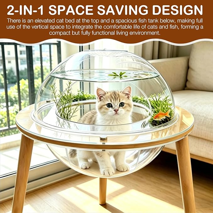 360°Immersive Transparent Cat Cave Bed, 2-in-1 Elevated Cat House with Cat TV Panoramic View,Heavy Duty Cat Furniture Enrichment Toy,Multi-Use Pet Bed Cave for Indoor Cats & Small Dogs