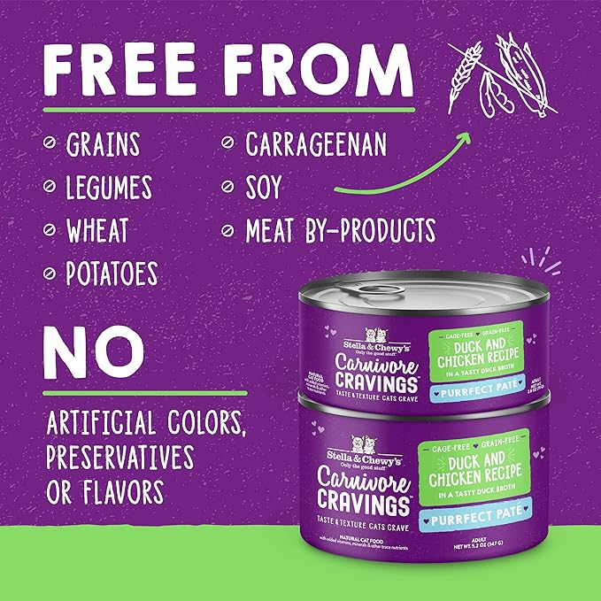 Stella & Chewy's Carnivore Cravings Purrfect Paté - Premium Grain-Free Wet Cat Food - Duck & Chicken Recipe - High Protein with Bone Broth - Perfect for Picky Eaters - 5.2oz Cans (24 Pack)