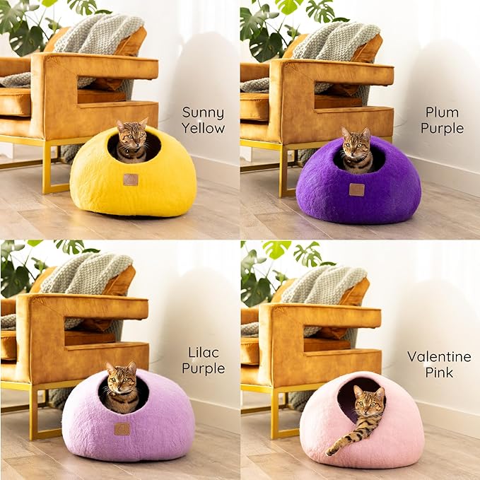 Best Aesthetic Cat Bed - Premium Felted Wool Cat Cave Bed - Cozy Peekaboo Round Cave for Large or Small Cats (Small, Citrus Green)