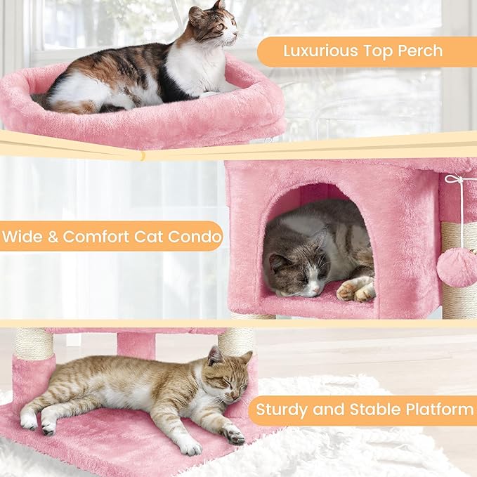 Topeakmart Cat Tree with Extra Large Plush Perch, Soft Cat Condo & Sisal-Covered Scratching Posts for Large Cats, Kittens Cats, 23.5 Inches, Pink