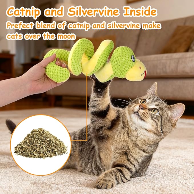 Retro Shaw 11" Realistic Snake Cat Toy – Interactive Kicker Toy for Indoor Cats with Silvervine & Catnip, Crinkle Sound, Spring-Loaded Design, Bite-Resistant Plush for Kitten Teething & Boredom Relief