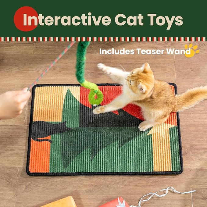 Conlun Cat Scratcher Mat,Sisal Cat Scratch Pad,Horizontal Floor Cat Scratching Pads Rug for Indoor Cats,Protector for Wall&Carpets&Sofas,Kitty Xmas-Gift, Includes Cat Toy (M, Christmas)