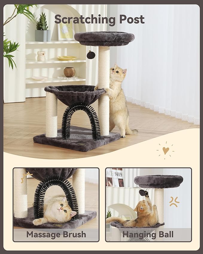 Small Cat Tree Tower for Indoor Cats, 27.8" Multi-Level Cat Tree with Scratching Posts| Plush Hammock| Perch| Self Groomer Brush| Dangling Ball for Kittens/Small Cats Play & Rest
