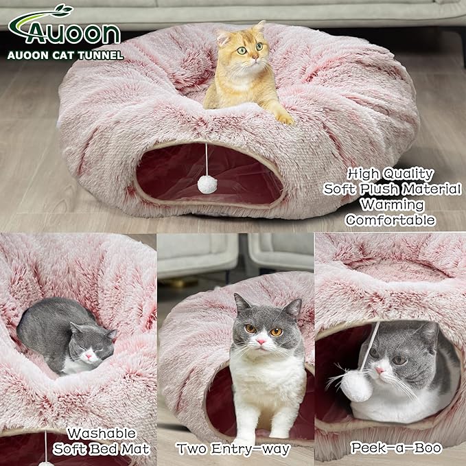 AUOON Cat Tunnel Bed for Indoor Cats - Large Cat Donut Tunnel with Hanging Ball Toy, Collapsible 2-in-1 Multifunctional Interactive Cat Toy for Kitten, Puppy, Rabbit, Ferret (Light Pink)