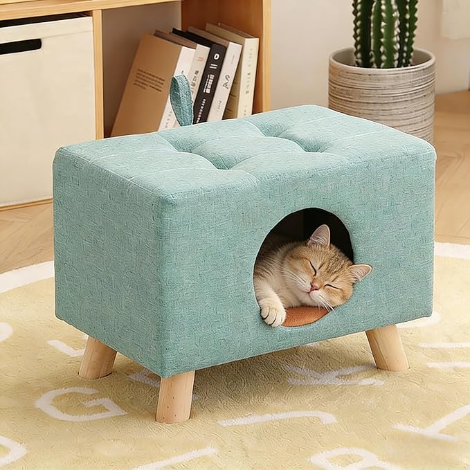 2-in-1 Cat Bed Stool, Semi-Enclosed Cat Cave Pet Bed for Indoor Cats & Small Dogs, Sturdy Wooden Legs, All-Season Cat House with 7.1” Entrance, Warm Winter Cat Furniture (Blue)
