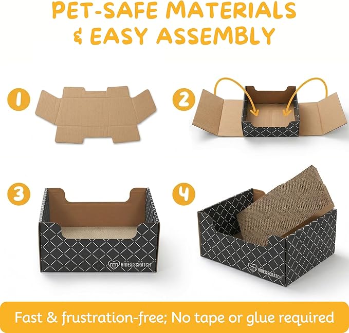 Hide & Scratch Cardboard Cat Scratcher Box & Bed - Dark Grey Diamond | Double-Sided Corrugated Pad for Indoor Cats | Refillable Scratching Board Toy for Play & Furniture Protection