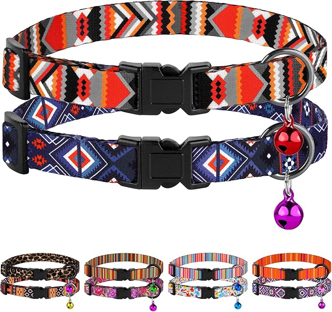 2 Pack Cat Collars with Bell - Breakaway Soft Collar for Girl & Boy Cats, Adjustable Safety Cute Kitten Collars – Comfortable Stylish Patterned Print Design Lightweight (Geometric + Boho)