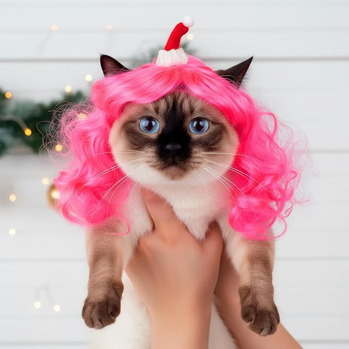 Christmas Dog Cat Pet Wig for Small Medium Large Dog Cosplay Costumes (Pink)