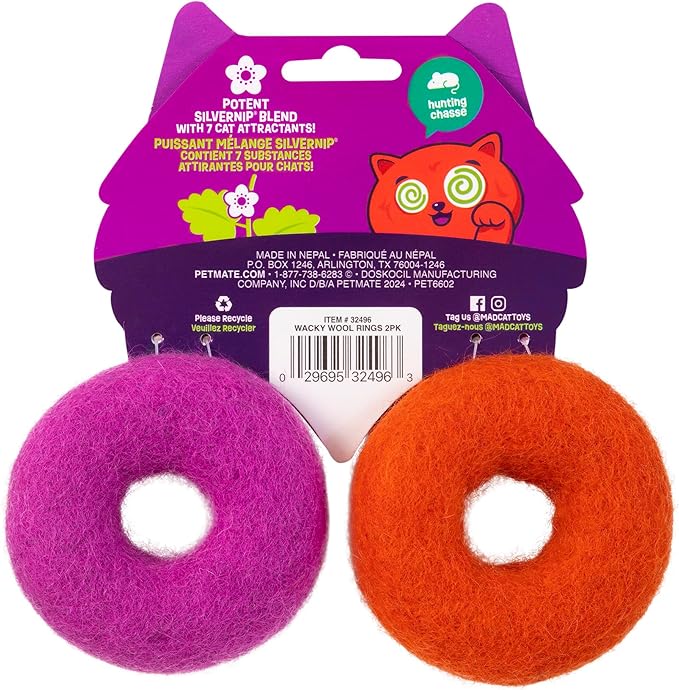 Mad Cat Wacky Wool Rings with Catnip and Silvervine Blend Natural Wool Fiber Cat Toys, Pack of 2