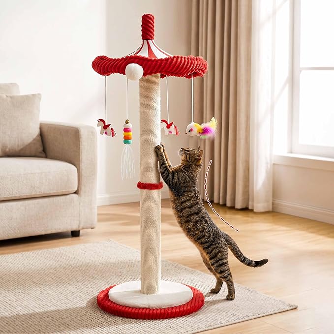 Carousel Interactive Cat Toys for Indoor Cats, 39" Tall Cat Scratching Posts for Indoor Cats Adults with Rotating Top, Cute Cat Scratch Post with Hanging Cat Toys, Large
