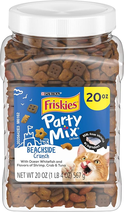 Purina Friskies Party Mix Cat Treats, Beachside Crunch, Made with Ocean Whitefish, Crunchy Cat Treats for Adult Cats, 20-Ounce Resealable Canister (Pack of 2)