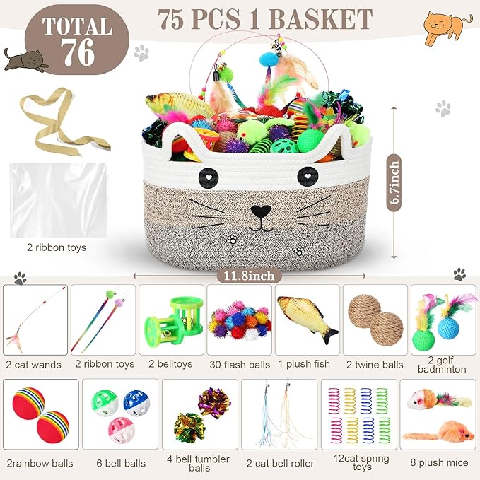 Zopeal 76 Pcs Graduation Cat Storage Basket Gift Toys Set Interactive Cat Toys Kitten Wand Colorful Flashing Balls Pet Crinkle Balls Attract Kitten to Swat, Hunt for Pet Indoor(Brown)