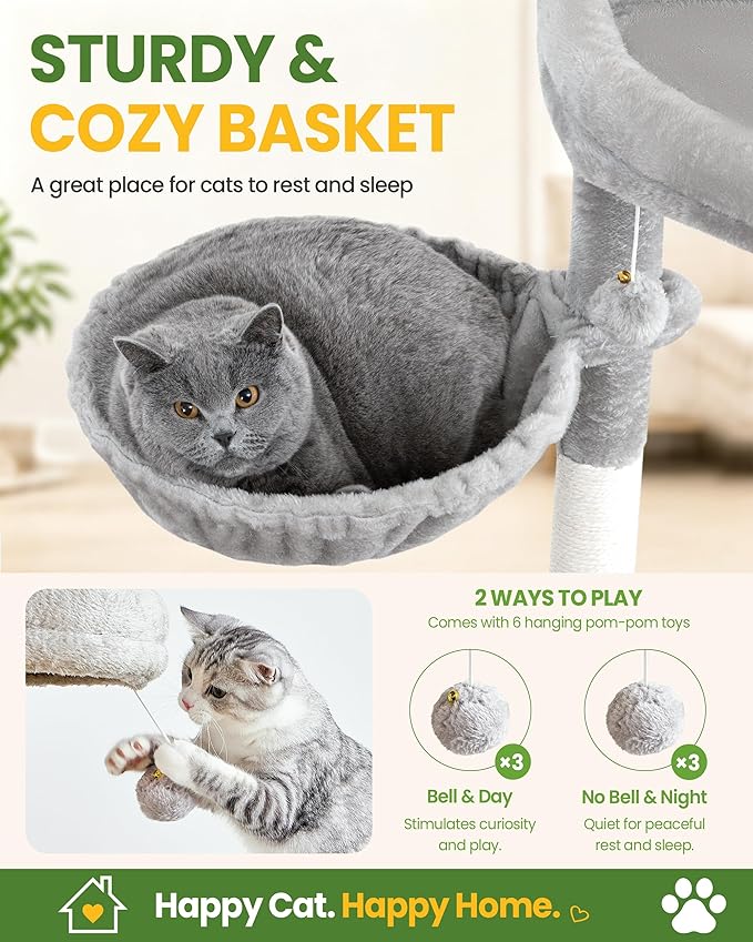 Cat Tree Tower for Indoor Cats, 67 inch Multi-Level Tall Climbing Tower with 3 Large Platform, Scratching Post, Hammock, Kitty Condo for Multiple Cats, Modern Cat Tree Furniture Heavy Duty, Light Grey