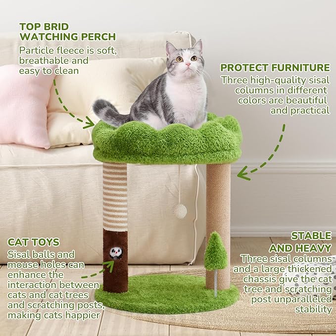 WOOCHPET Small Cat Tree with Perch Cat Bed and Removable Cover 23 inch Tall Cat Tower with 2 Scratching Sisal Scratching Posts and Cat Toys for Kittens and Adult Cats（Green）