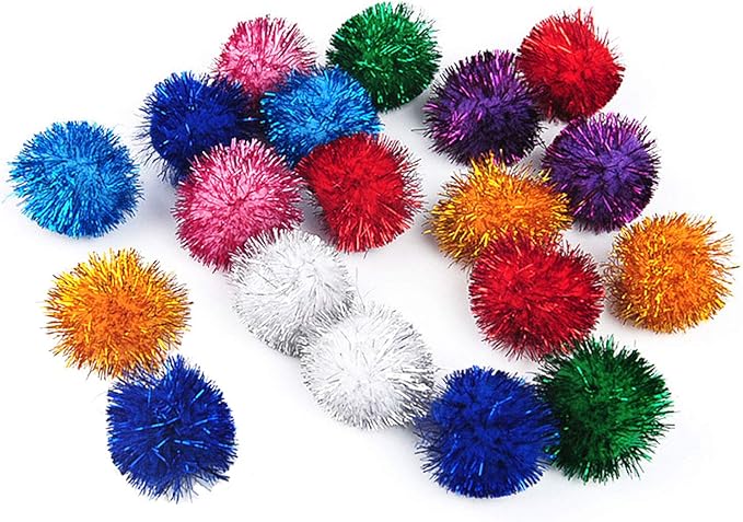 VOVIGGOL 20 Pack 2 Inches Sparkle Balls for Cats, Large Size, Glitter Pom Poms Fuzzy Balls for Cats, Kitten Indoor Assorted Color Random