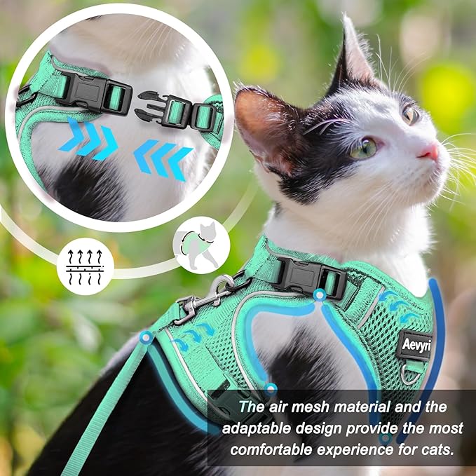 Cat Harness and Leash for Walking, The Upgrade Can be Adjusted in Four Directions and Breathable Cat Harness for Anti Escape that can be Fitted and Positioned, Reflective Strips Harness, Green, XS