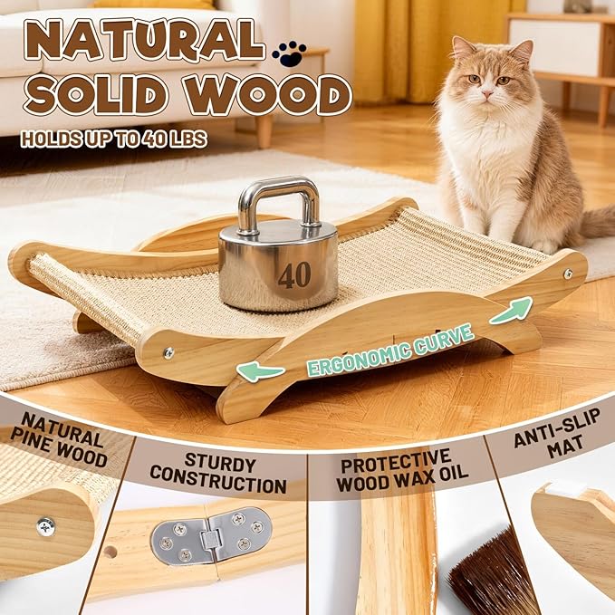 3-in-1 Transformable Design Sisal Cat Scratcher Bed for Indoor Cats, Durable Natural Scratching Pad, Solid Wood Cat Scratch Ladder, Wooden Cat Furniture 23.6 Inch Cats Hammock (Large)