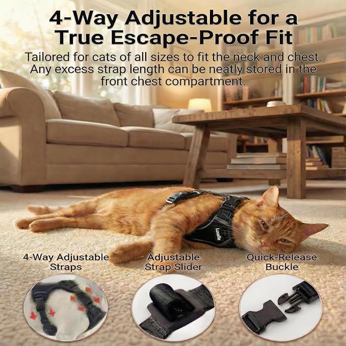 Luxelle Escape-Proof Cat Harness and Leash Set – Adjustable No Pull Soft Vest with 360° Reflective Straps, Built-in Pocket & Wrist Strap, Breathable Mesh Outdoor Harness