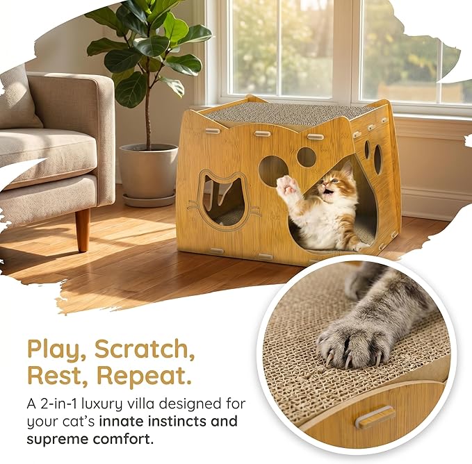 WRINGKIT Cat Scratcher House, 2 in 1 Cat Cardboard House with 2 Scratching Pads, Sturdy Cat House Lounge for Indoor Cats to Rest and Hide, Maximum Load Capacity 66 Lbs