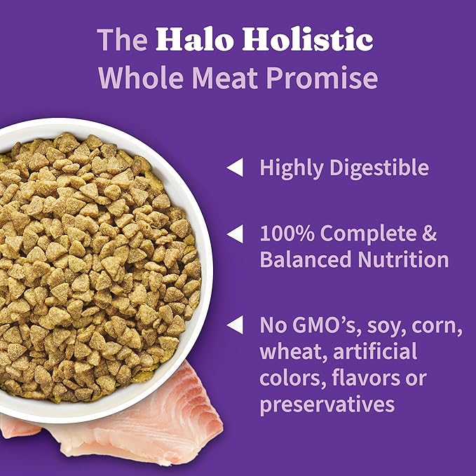 Halo Holistic Cat Food Wild Caught Whitefish Formula, Healthy Grains Dry Cat Food, For Sensitive Stomach Support, Kibble for Adult Cats, 3 lb Bag