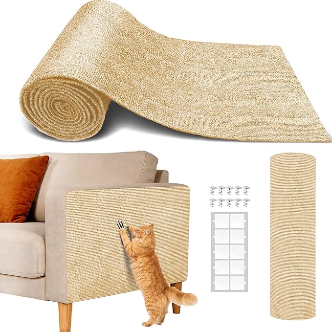 Cat Wall Scratcher Mat, Anti Cats Scratch Furniture Couch Carpet Corner Protector for Indoor, Trimmable Cat Scratching Pad Board Sofa Replacement Deterrent from Cats Claws (Khaki, 78.7x15.8In)