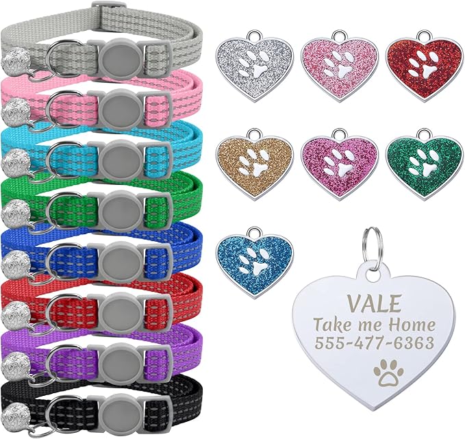 CAMAL Reflective Cat Collar with Name Tag, Personalized Cat Collar Breakaway with Bell, Customized Cat Collar Adjustable for Girls & Boys