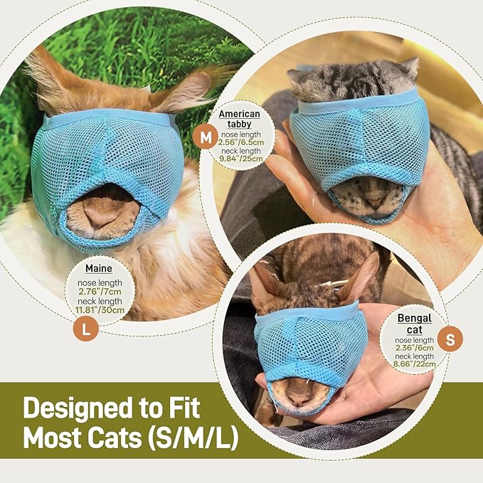 Pezluxe 2pcs Cat Muzzle for Grooming & Nail Trimming, Breathable Mesh Muzzles to Prevent Biting Chewing Scratching, Soft Cat Mouth Guard for Bathing Vet Visits (Blue, L)