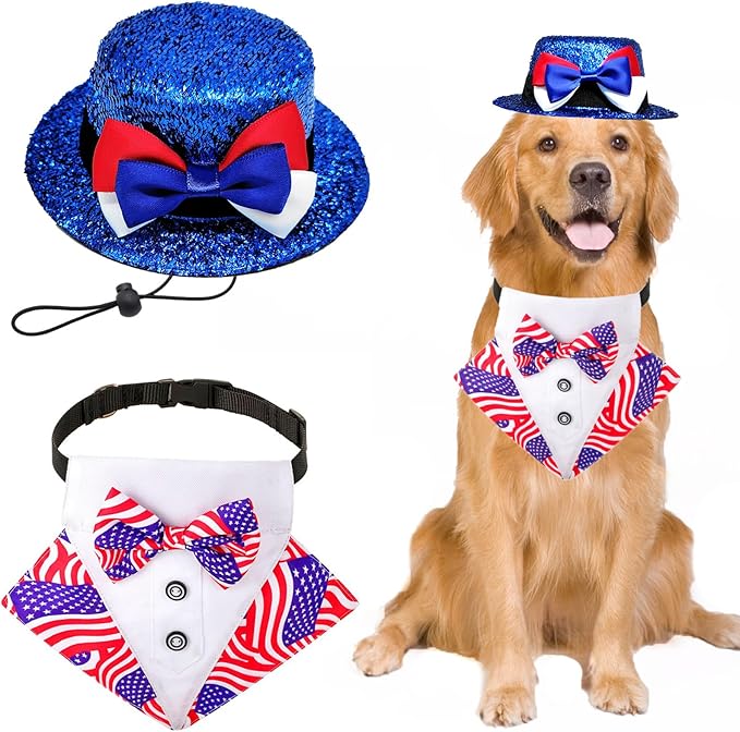 Dog Independence Day Costume 2Pcs Tux Bandana Shiny Pet Top Hat American Flag Dog Tuxedo Triangle Bibs 4th July Scarf Patriotic Holidays Outfit Dog Collar with Bow tie for Small Medium Large (Large)