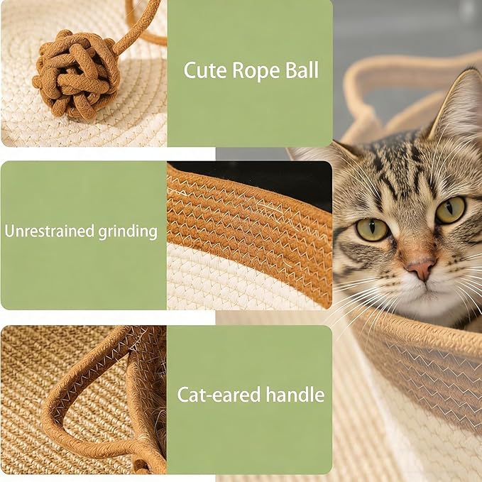 Cat Toy Baskets for Indoor Cats, Cotton Rope Woven Cat Basket Bed, Ergonomic Design with Cat Ear Handles & Interactive Teaser Ball, Soft, Breathable, Scratch-Resistant (Gray with mat,L)