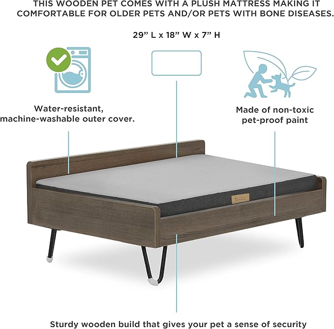 Wooden Dog Bed and Dog Couch with Water-Resistant and Calming Mattress, Small to Medium Elevated Pet Bed, Greenguard Gold Certified, Dog Beds & Furniture, Chase - TailZzz