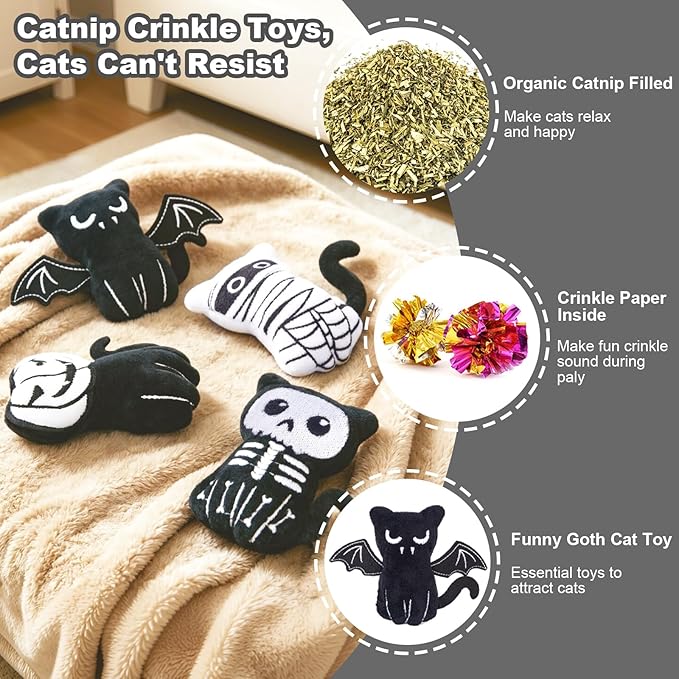 Retro Shaw Catnip Toys, 4 Pack, Horror Goth Cat Toys for Indoor Cats Kitten, Crinkle Interactive Cat Nip Kitty Toys for All Breeds (3.7 Inches)