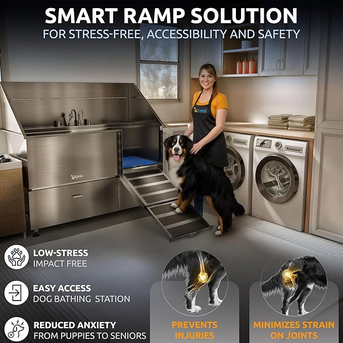 KANIS Professional Dog Washing Station 304 Stainless Steel Pet Wash Sink & Grooming Bathtub w/Shower, Floor Grates and Storage for Large, Medium & Small Pets (Silver, 61 Inches, Right Ramp, 2 Drawers)