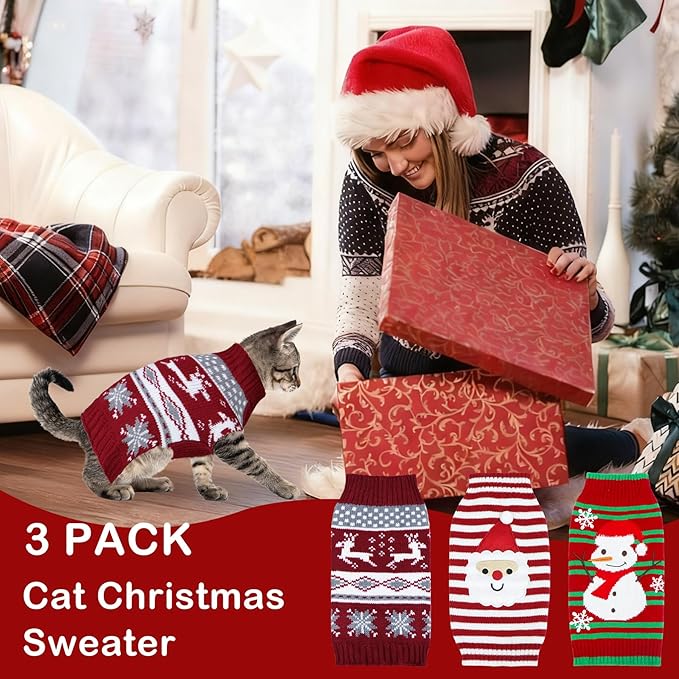 GOYOSWA 3 Pack Cat Christmas Sweater, Knit Pet Cat Sweaters Warm Coat Clothes Santa Reindeer Snowman Christmas Sweater Outfit for Cats Kitten Puppy XS