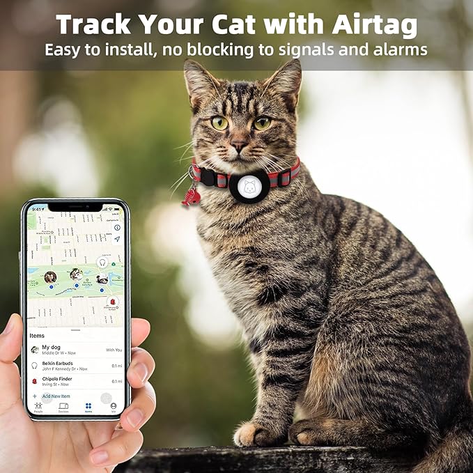Airtag Cat Collar, Air tag Cat Collar with Bell and Safety Buckle in 3/8" Width, Reflective Collar with Waterproof Airtag Holder Compatible with Apple Airtag for Cat Dog Kitten Puppy (Red)