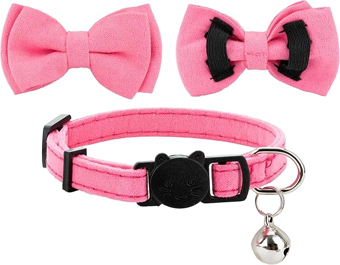 Cat Collar with Bow Tie Bell Breakaway Kitten Small Pet Safety Solid Wedding Basic Pure Color Suede Soft Adjustable [1pc] Rose Red
