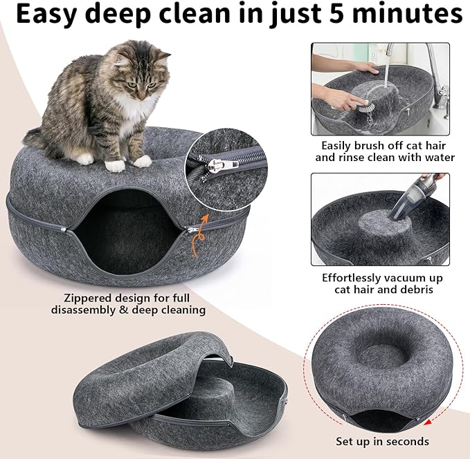 Cat Cave Bed Tunnel Donut 2 Pack– Peekaboo Felt Hideaway for Indoor Large Cats up to 45 lb – Detachable Washable Scratch-Resistant – Multi-Cat & Kittens, Dark Grey