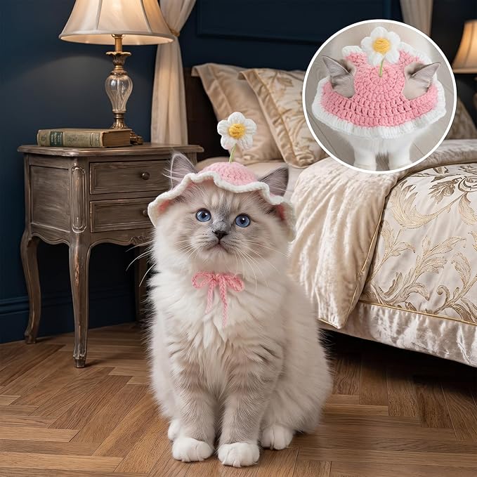 Cat Hat, Cute Flower Washable Knitted Hats for Cats Puppy Small Pets, Adjustable Cat Birthday Party Hat for Halloween Christmas Holiday Photo Outfit (Pink)