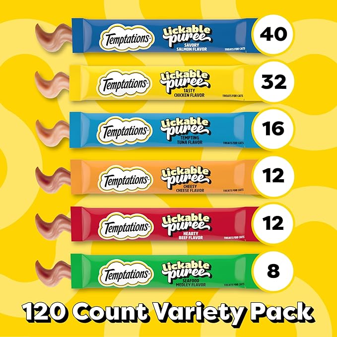 Temptations Creamy Puree Squeezable Lickable Wet Cat Treat Variety Pack, 0.42 oz. Tubes, 120 Count