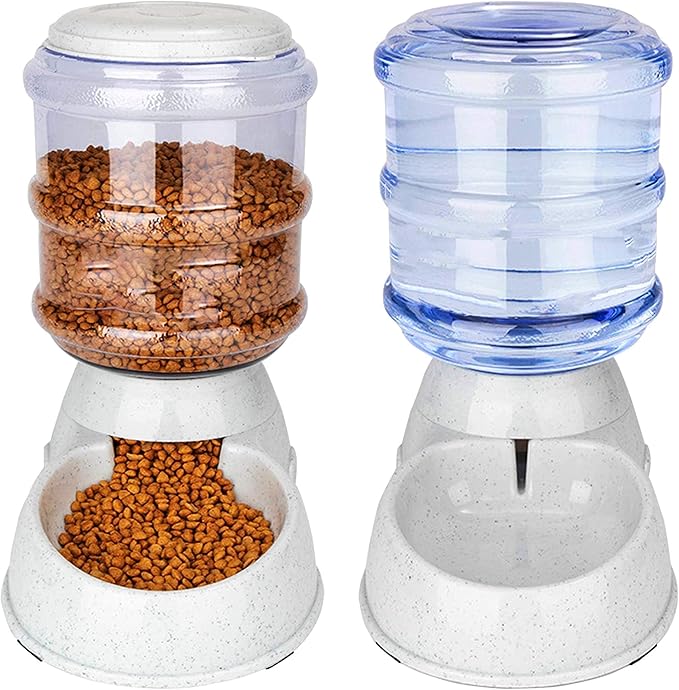 Automatic Dog Cat Feeder and Water Dispenser Gravity Feeder Set, with Pet Food Bowl for Small Medium Dog Puppy Kitten, Large Capacity 3 Gallon x 2
