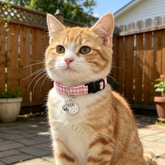 2 Pack Cotton Breakaway Cat Collars with Bell and Charms Pink Solid Plaid Safety Collars for Girl Boy Cats, Cat Head and Paw Pendant Cute Kitten Collars