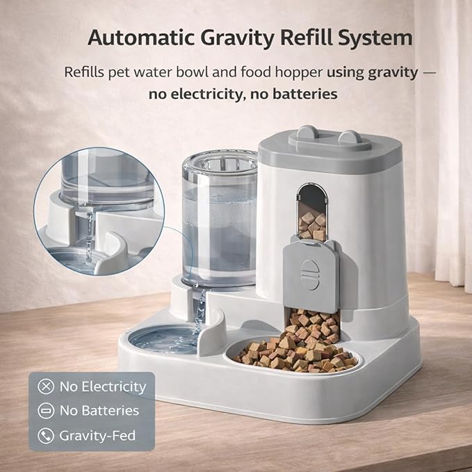 Automatic Dog Cat Feeder – 2-in-1 Cat Food and Water Bowl Set & Dog Food and Water Bowl Set, 800ml + 2.2L Gray
