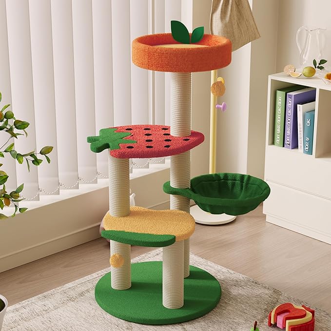 Happy & Polly Cute Cat Tree - 40.5" Fruit World Cat Tower for Indoor Cats, Cat Tree Condo with Sisal Scratching Posts, Cozy Hammock, Plush Strawberry Perches, Kitten Cat Trees Towers Activity Center
